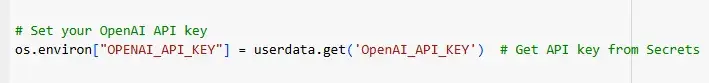 code snippet to use api key for python ai chatbot creation