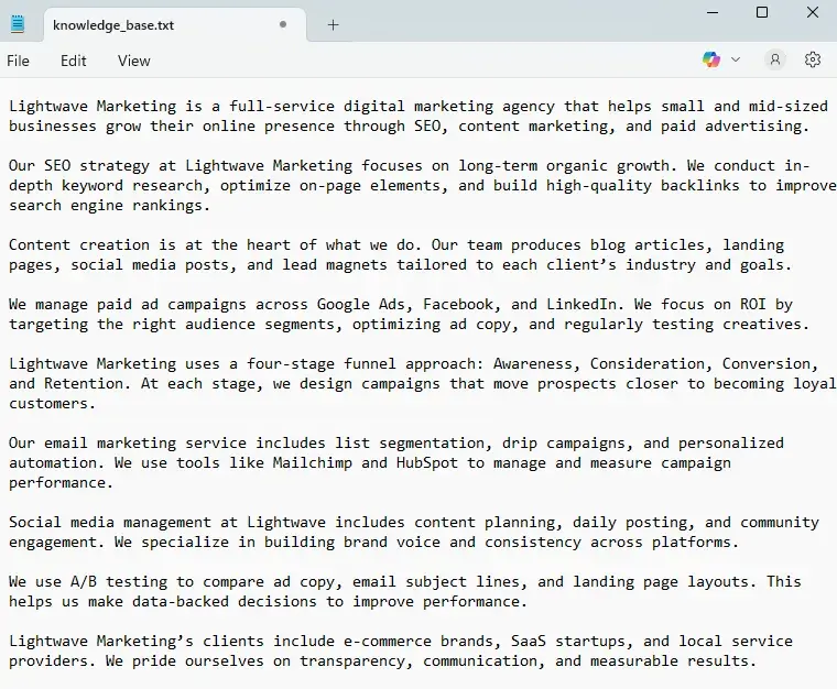 example knowledge base .txt file for rag ai chatbot