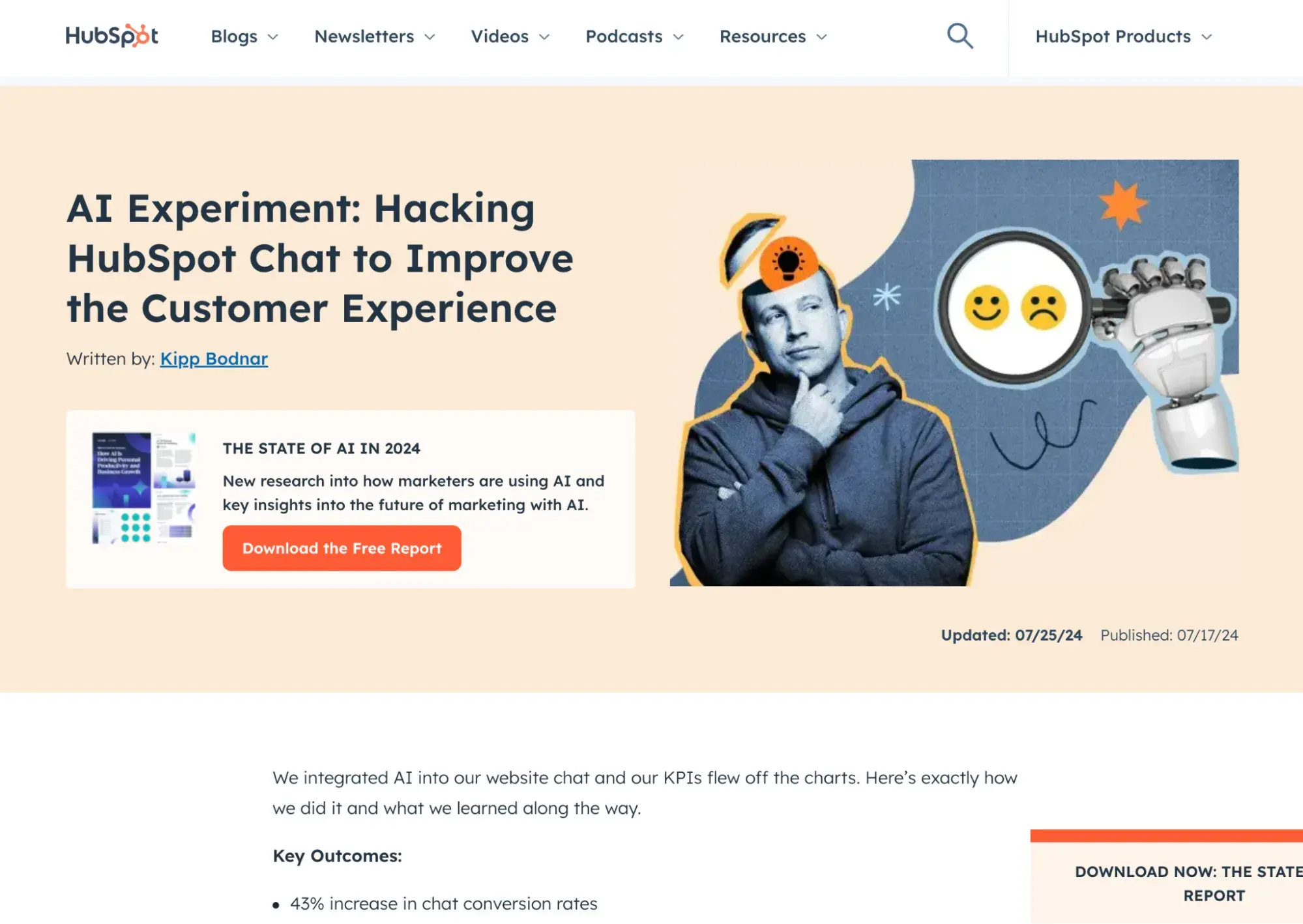 blog post by kipp bodnar titled, ai experiment: hacking hubspot chat to improve the customer experience