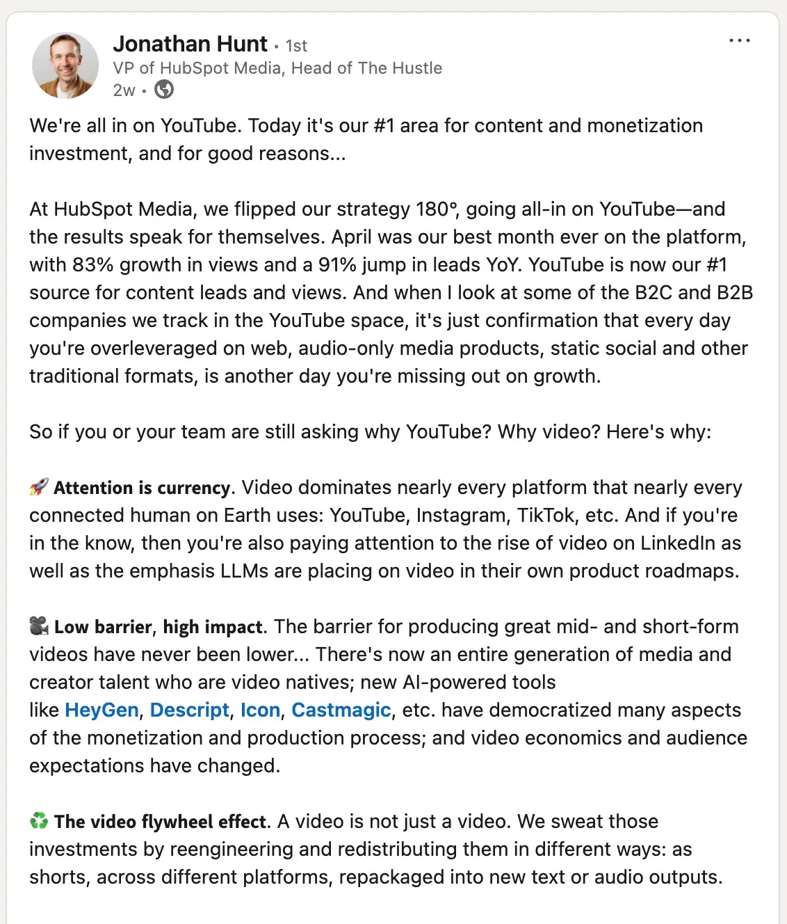 linkedin post by jonathan hunt describing hubspots youtube strategy
