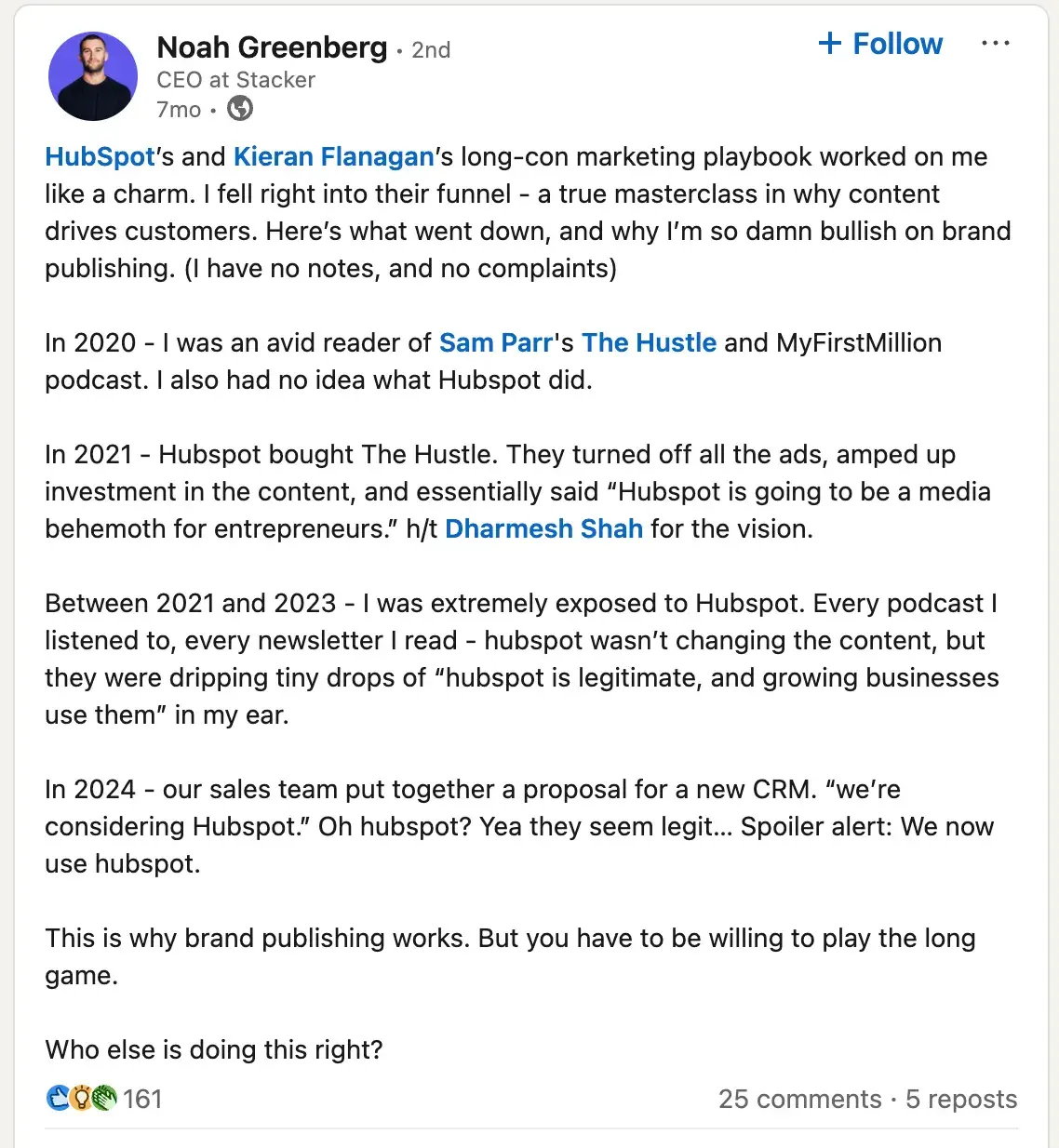 linkedin post by noah greenberg discussing hubspot marketing