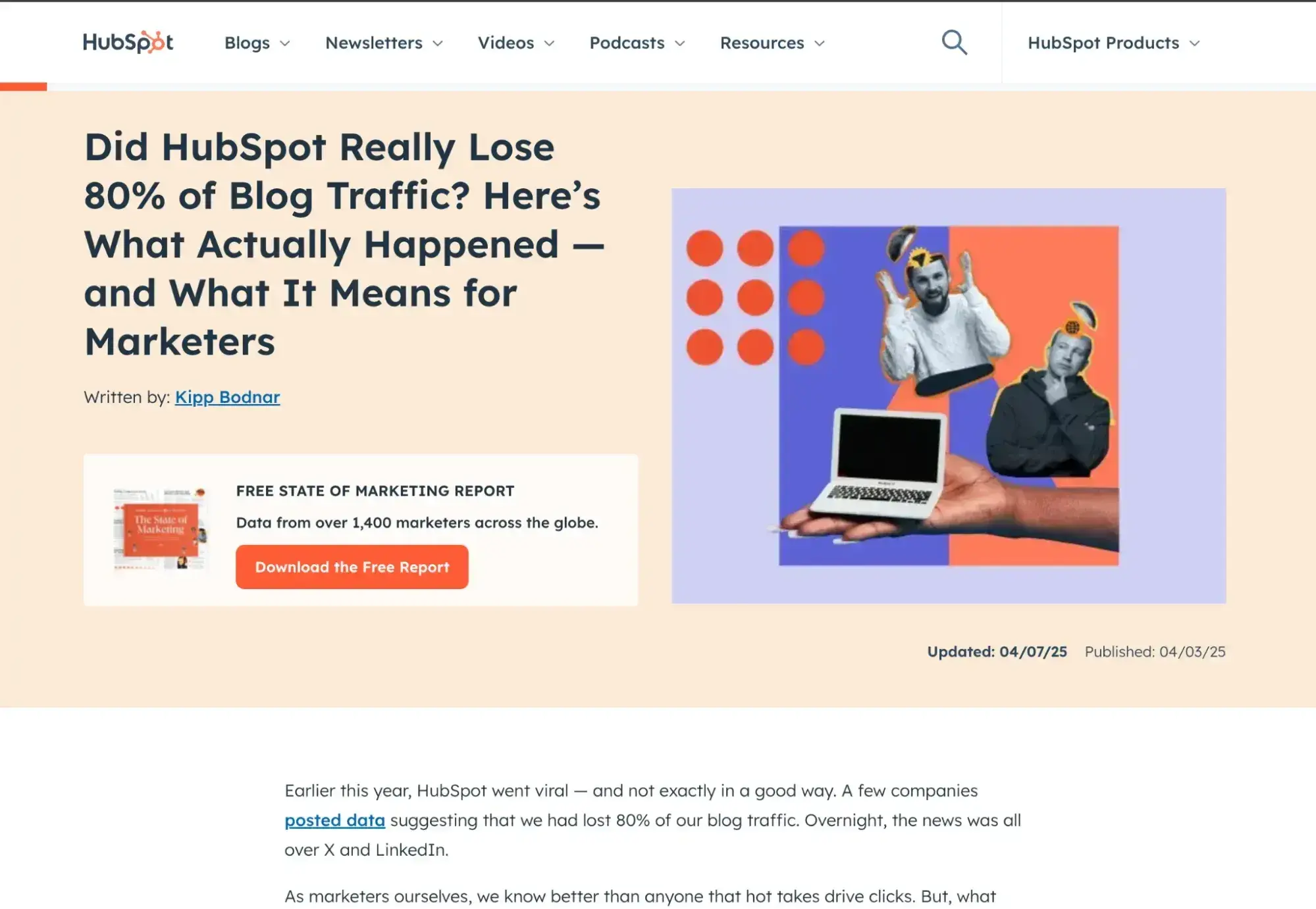 hubspot blog post by kipp bodnar titled did hubspot really lose 80 percent of blog traffic addressing quality content strategy and traffic changes