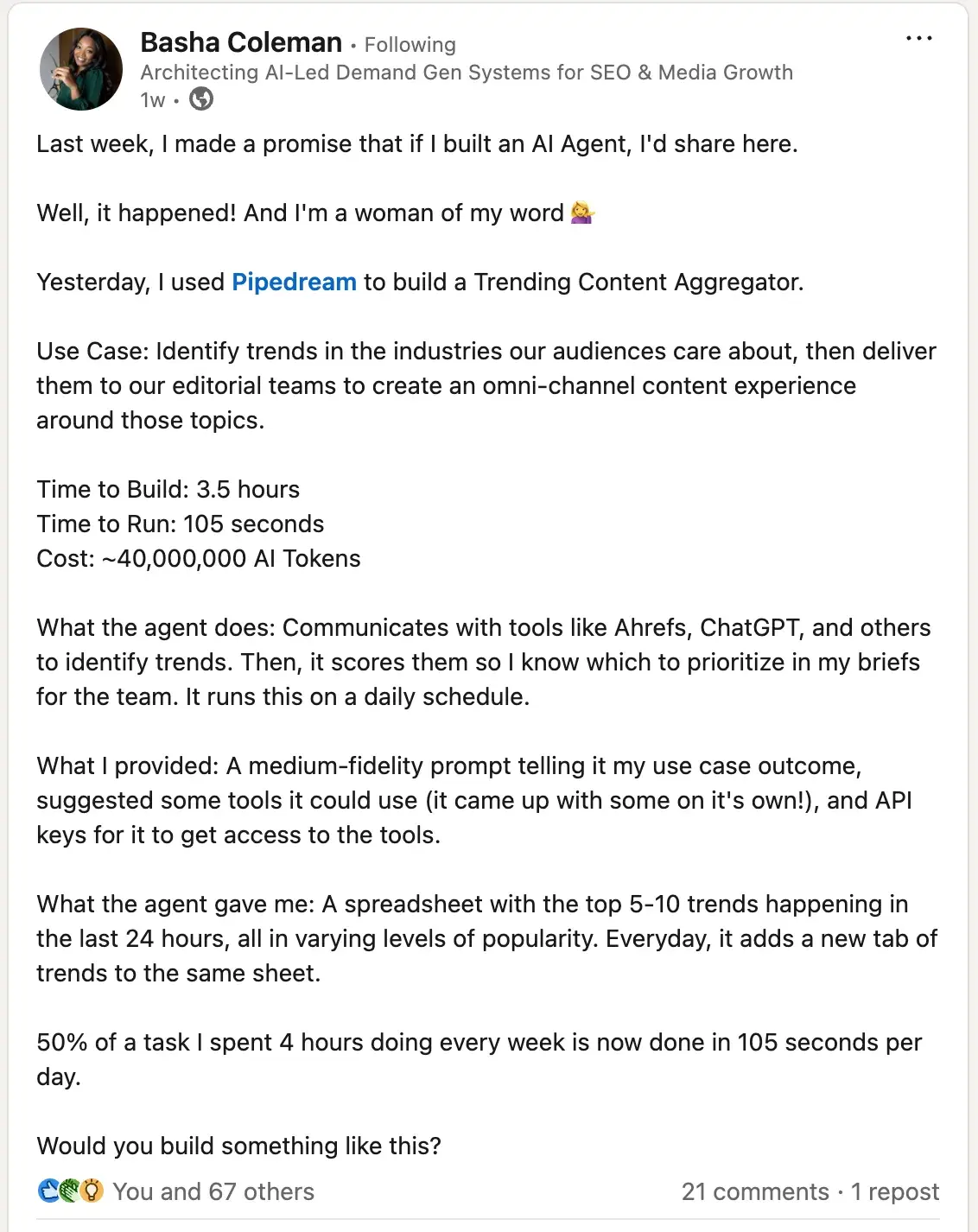 linkedin post from basha coleman describing how she built an ai agent using pipedream