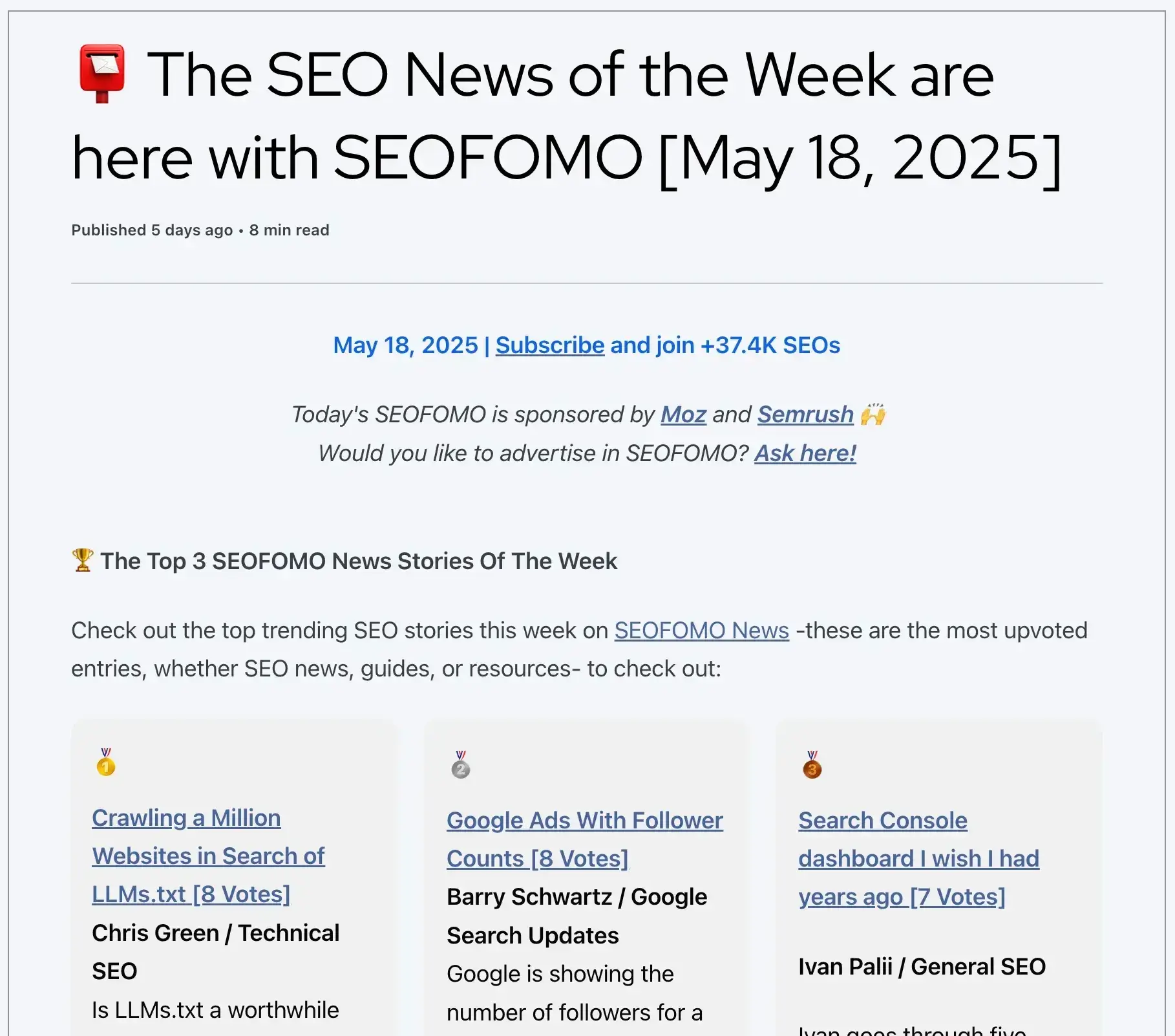 seofomo weekly seo newsletter by aleyda solis showing top news stories and resources for staying current on quality content and search trends
