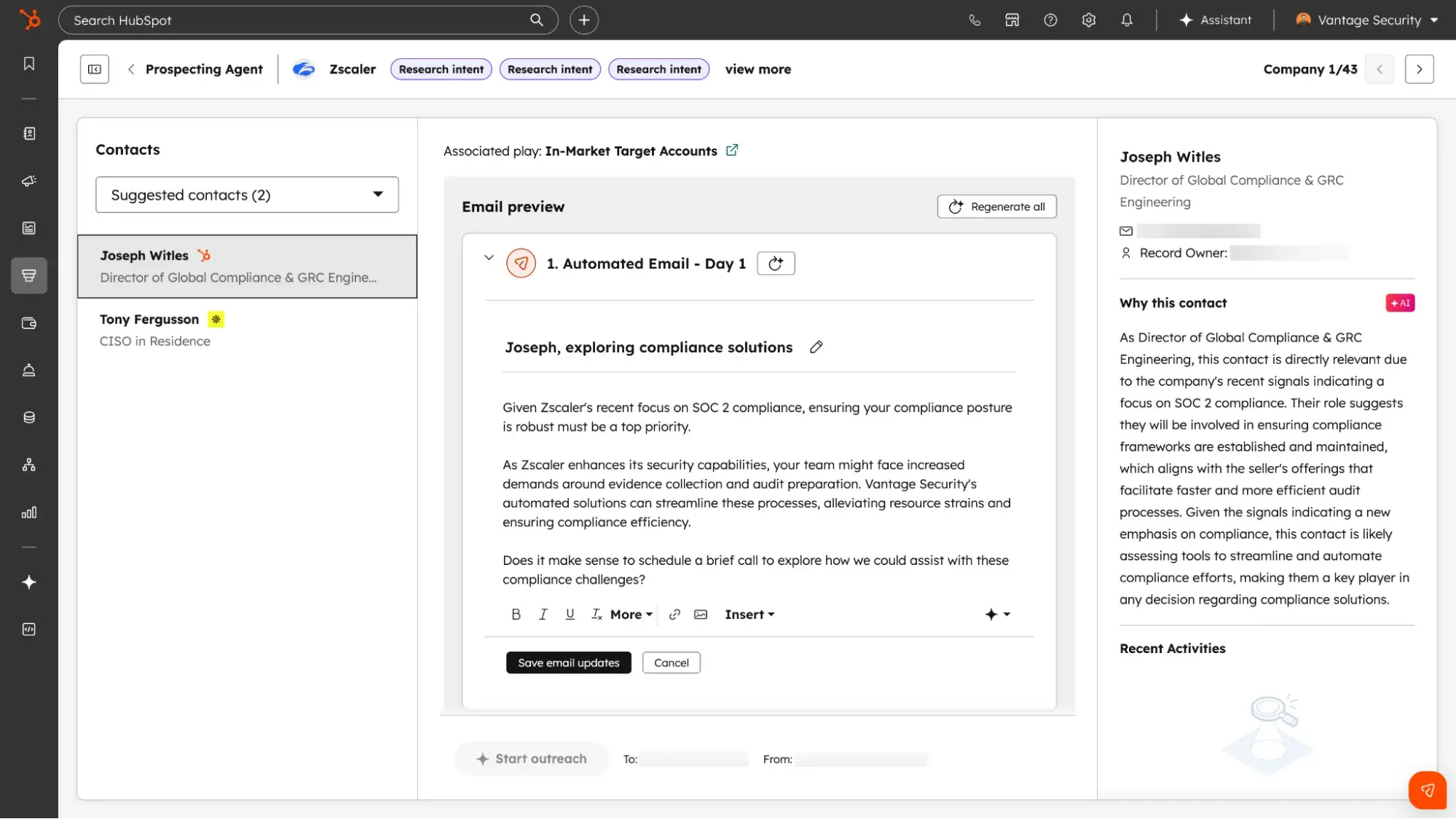 HubSpot Prospecting Agent interface showing AI-generated personalized email preview for a contact with buying signals and compliance contexthttps://www.hubspot.com/products/sales/ai-prospecting-agent