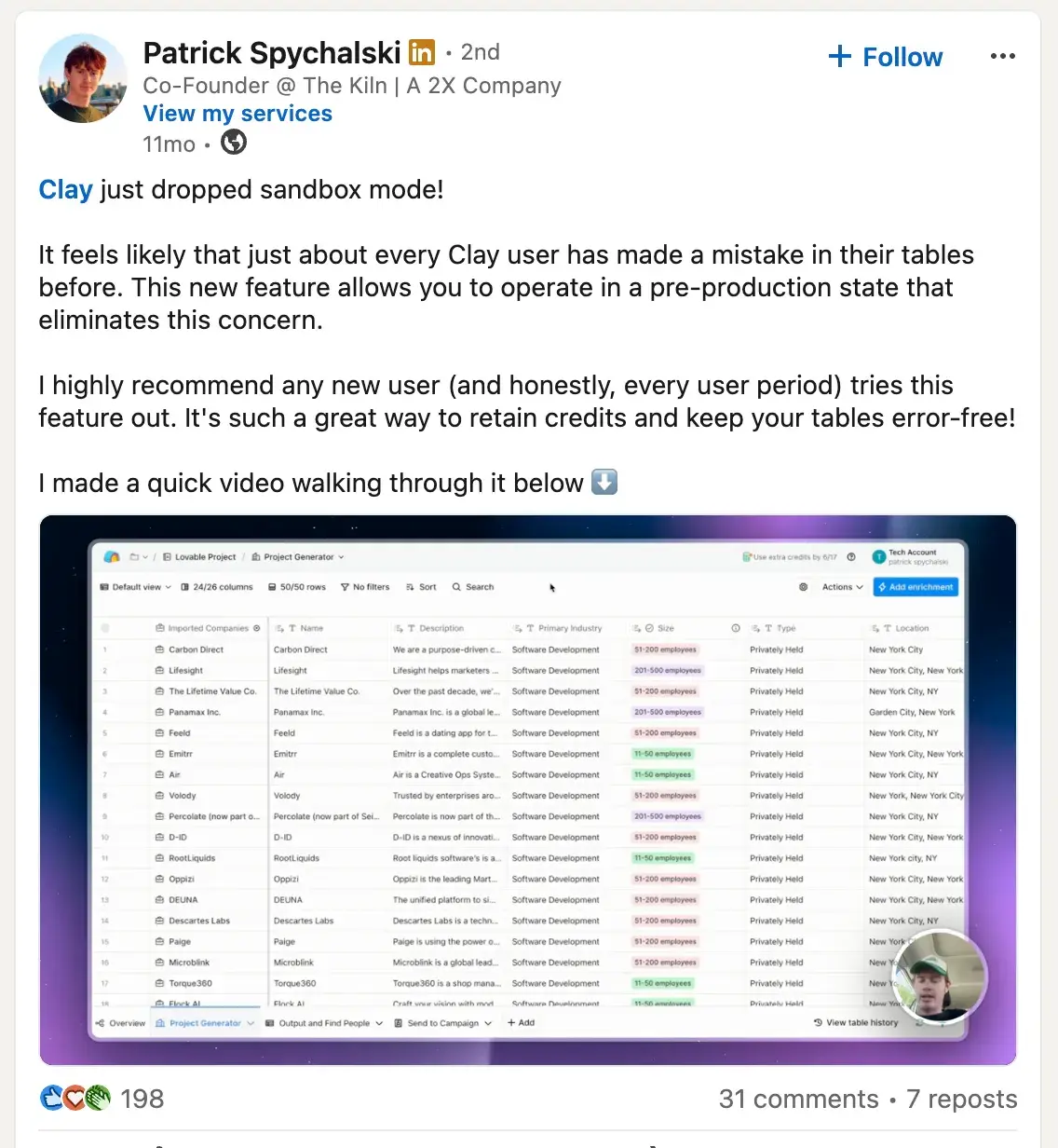 LinkedIn post from Patrick Spychalski about Clay's new Sandbox mode feature for safely testing AI actions without consuming credits