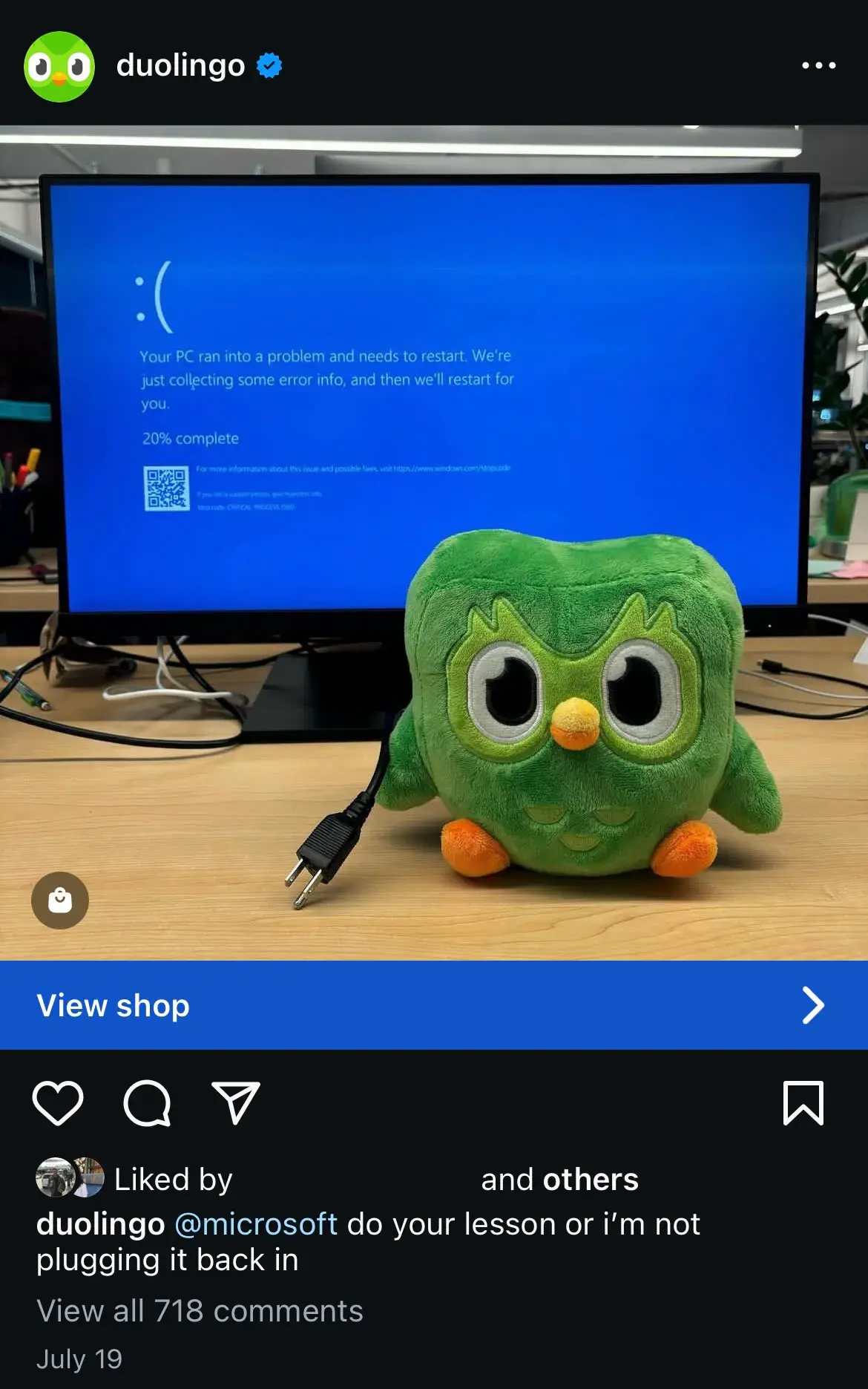 Duolingos Instagram post from July 19, 2024 which jokingly shows evil Duo unplugging a PC because Microsoft didnt complete their language lesson.