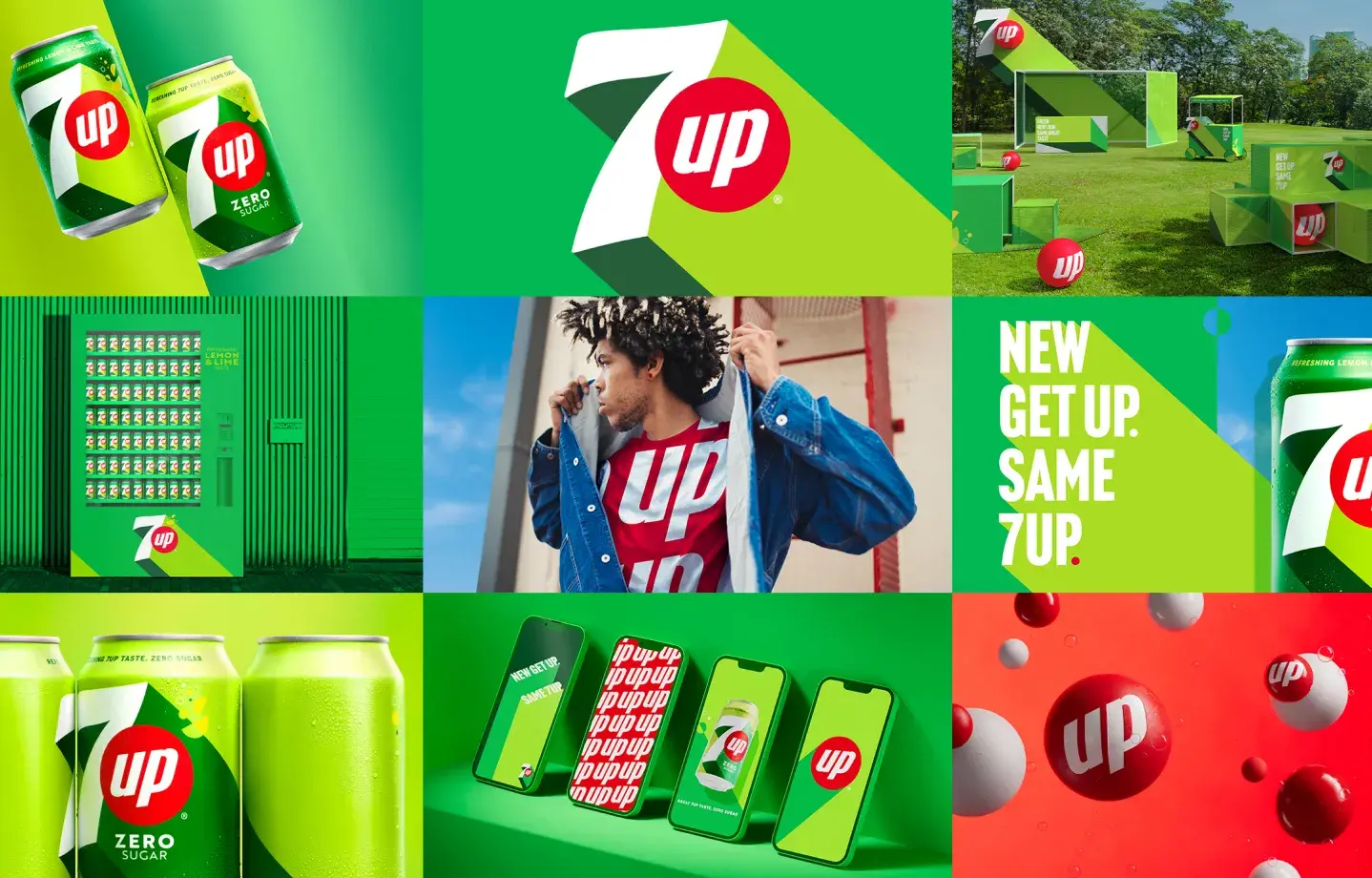 7UPs new brand identity is showcased in this collage of images.