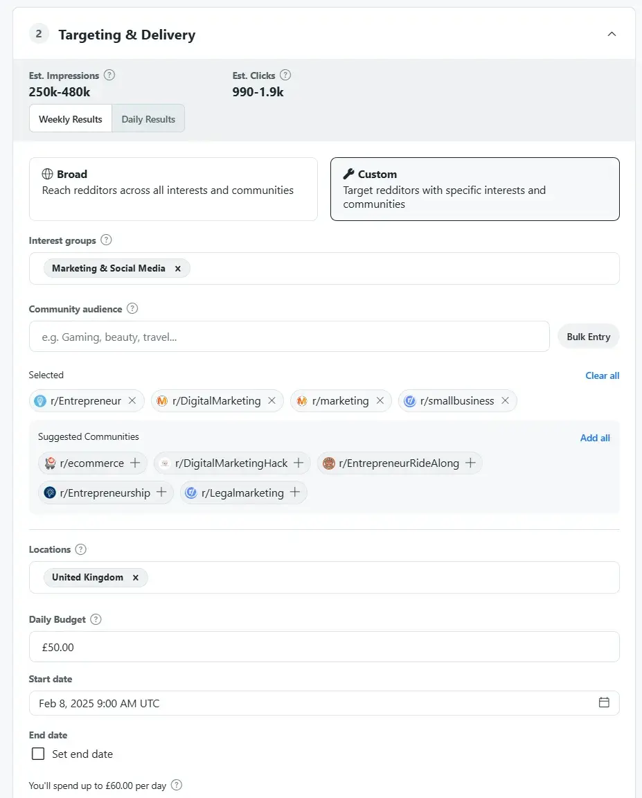 reddit advertising step seven: screenshot from reddit ads shows the options for setting up advertising audiences including subreddits that you can advertise in.