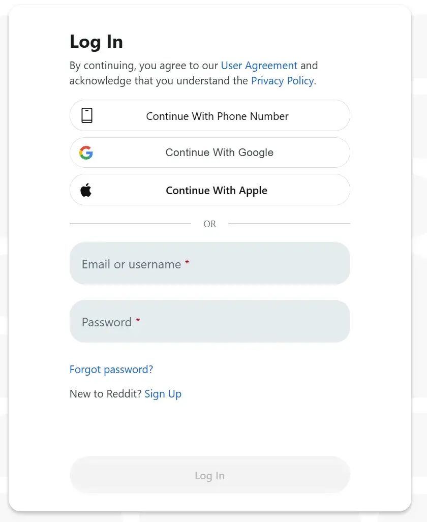 how to advertise on reddit step one: a screenshot of reddits login page, the start point for advertisers.