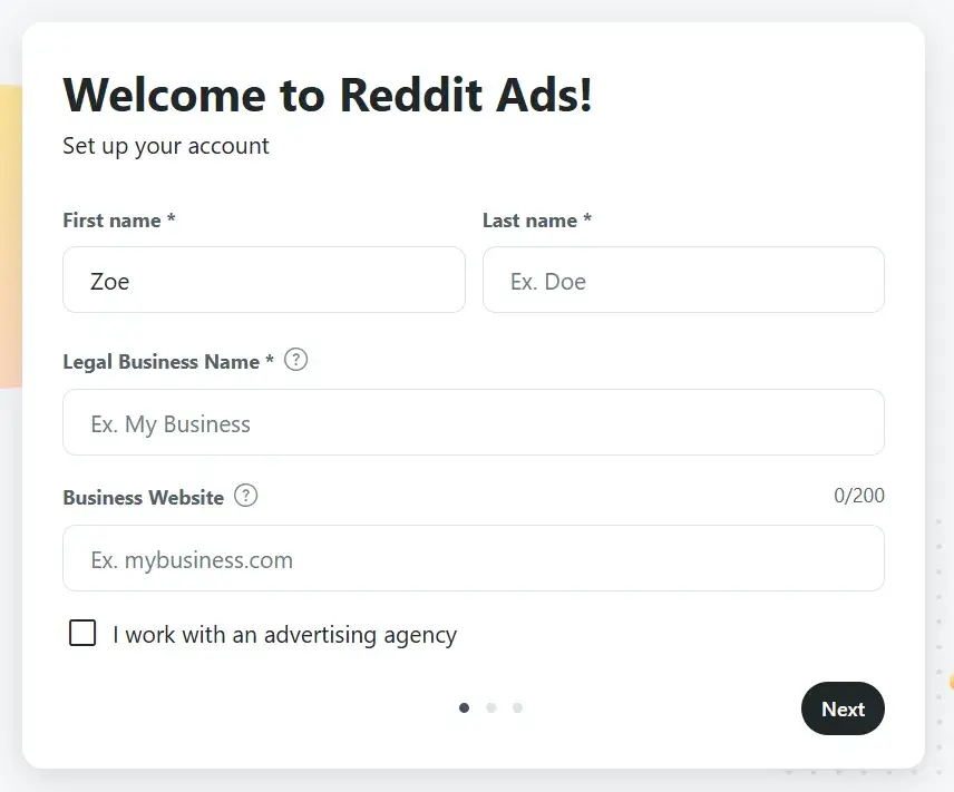 reddit advertising step two: screenshot from reddits advertising set up shows how advertisers will set up their account,