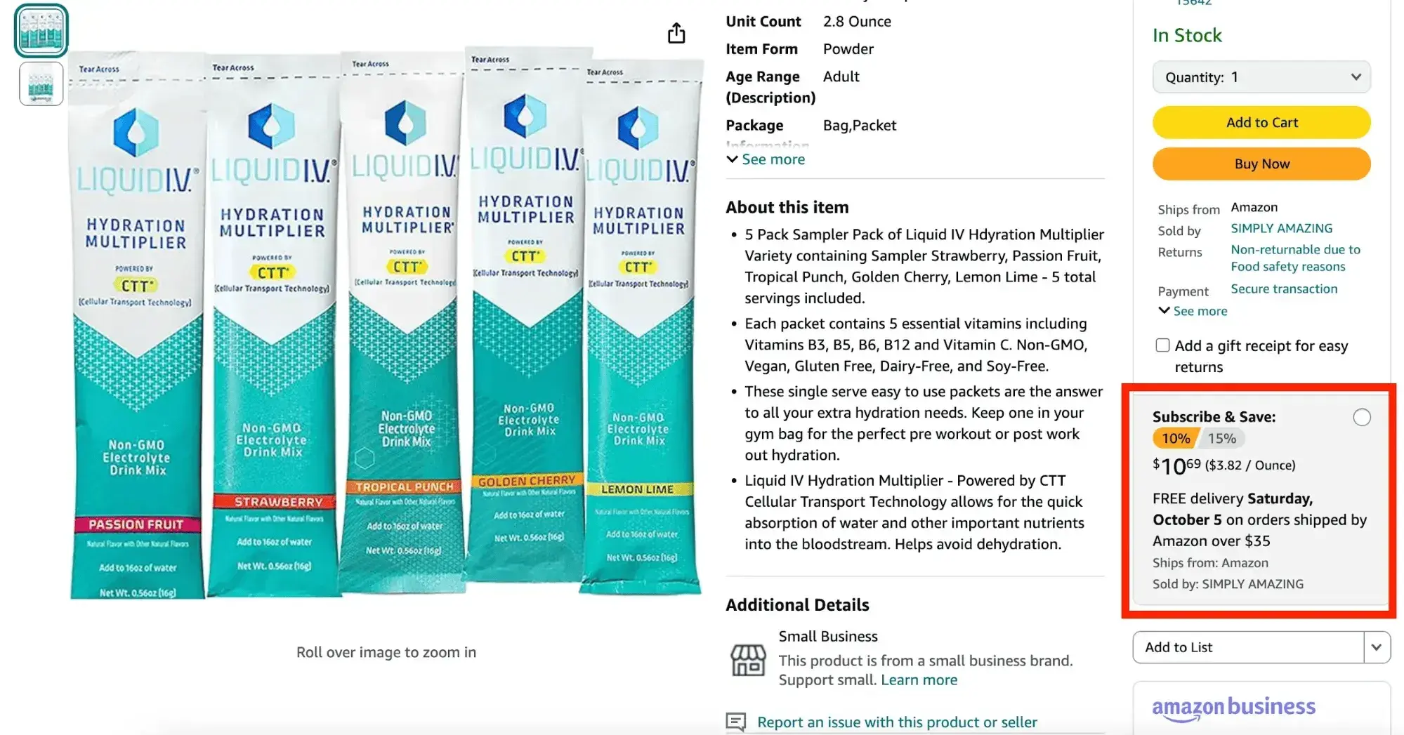reduce customer acquisition costs loyalty program example from Amazon showing the subscribe and save option on LiquidIV product page
