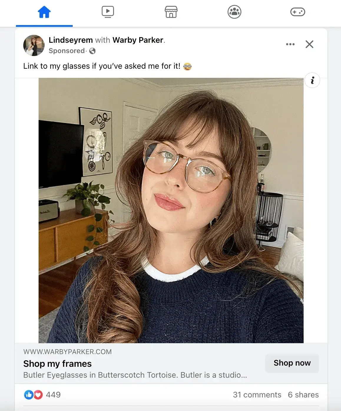 reduce customer acquisition costs retargeted facebook ad example from Warby Parker