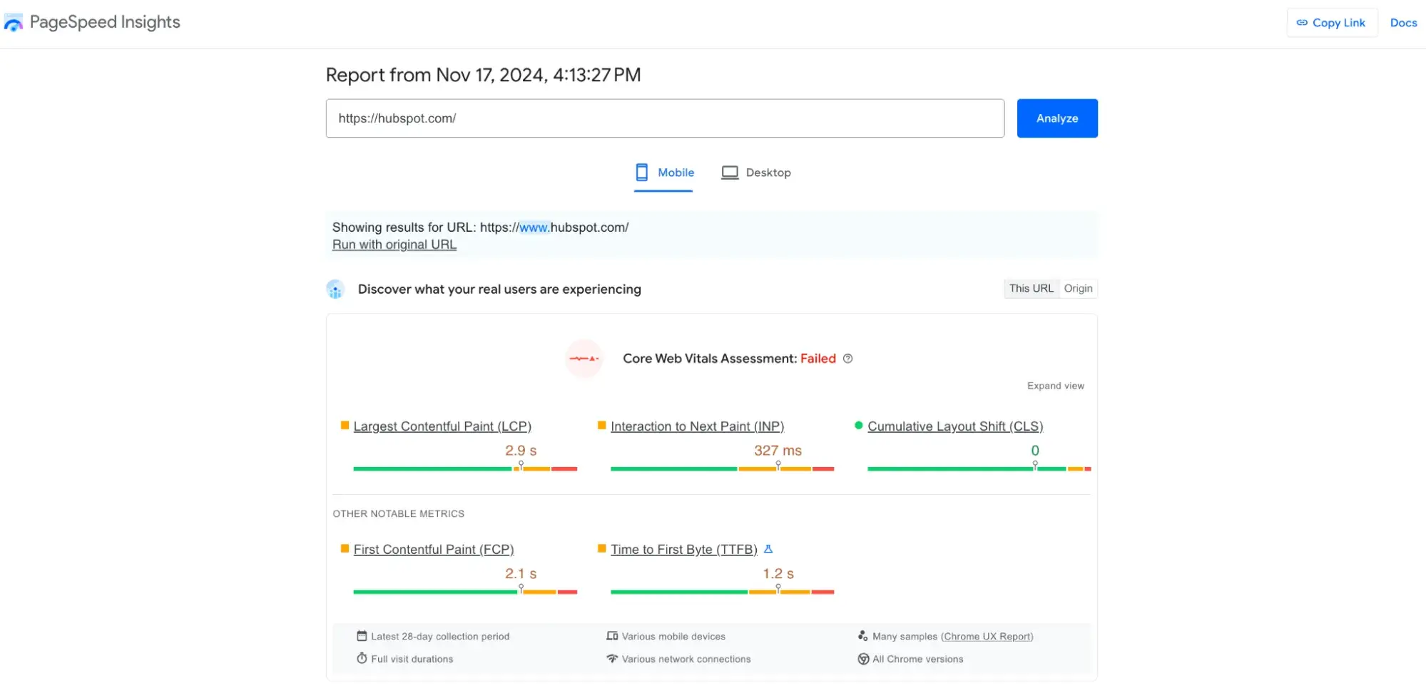 googles pagespeed insight tool