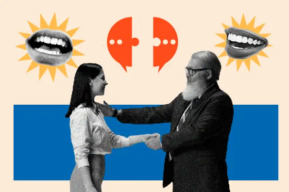 two people shaking hands while engaging with customers 