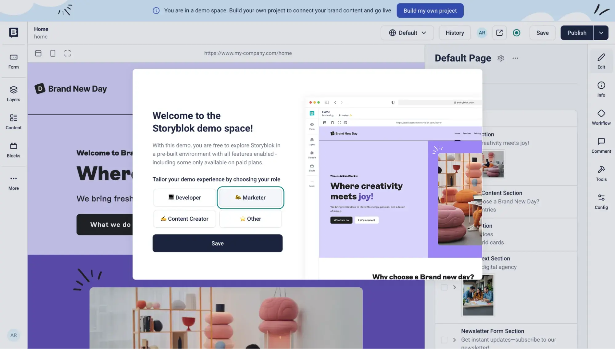 saas cms: storyblok editor in demo space