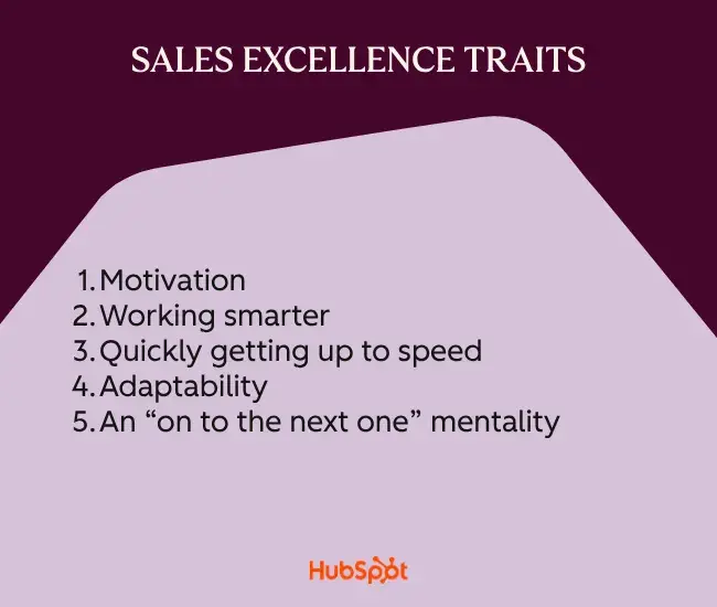 Five sales excellence traits listed: motivation, working smarter, quickly getting up to speed, adaptability, and on to the next one mentality