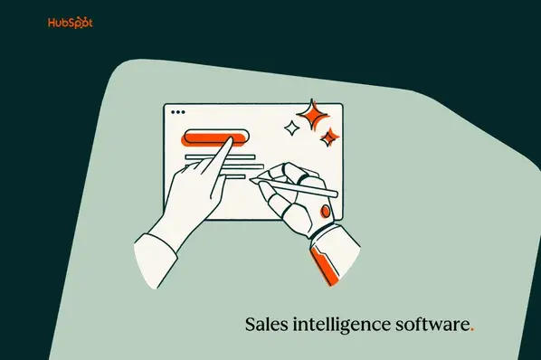Illustration of hands organizing data on a computer screen with sales intelligence software title
