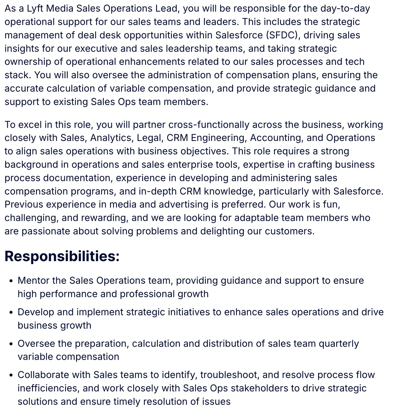 screenshot of a job description for a sales operations lead at adobe