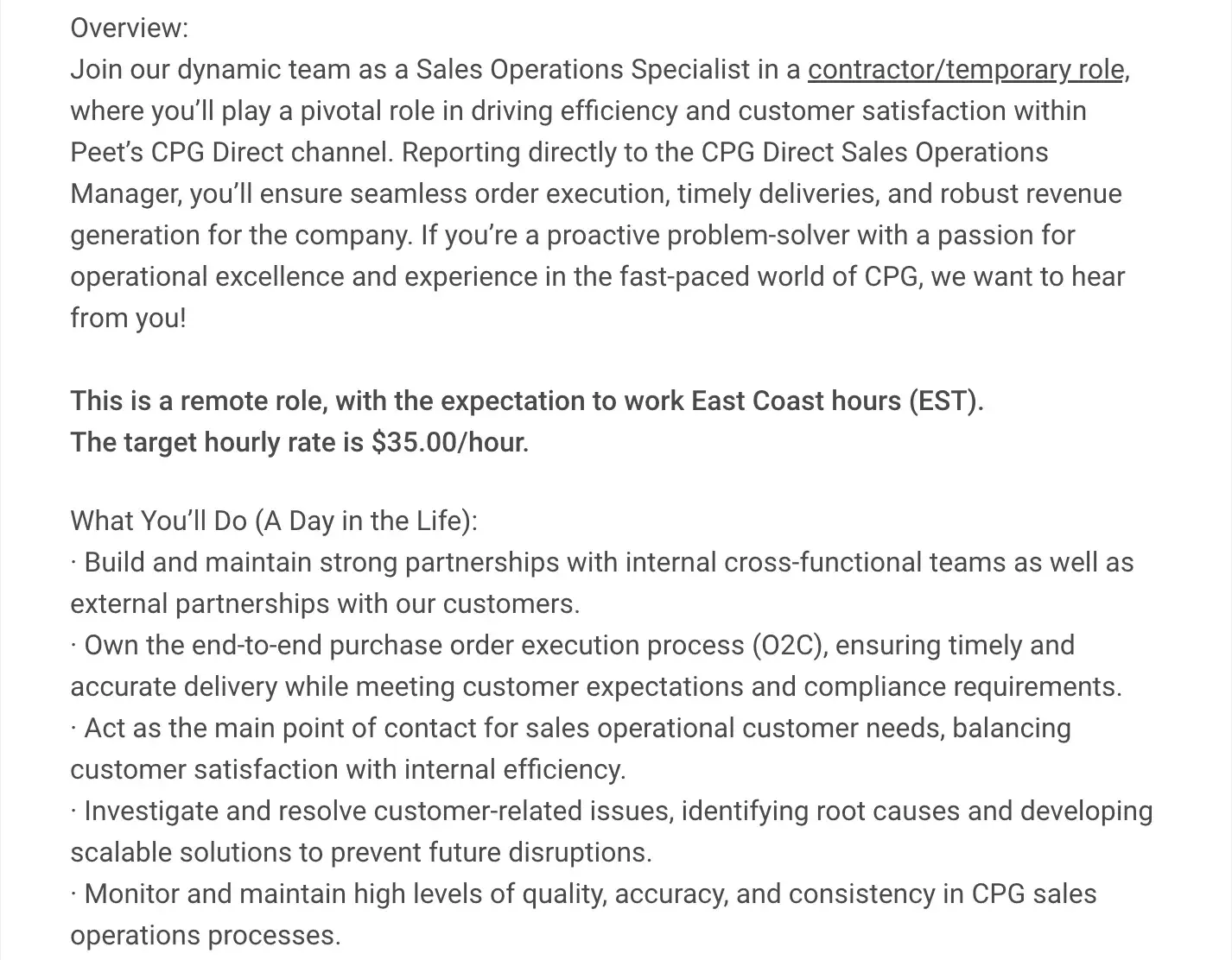 screenshot of a job description for a sales operations specialist at peets coffee inc.