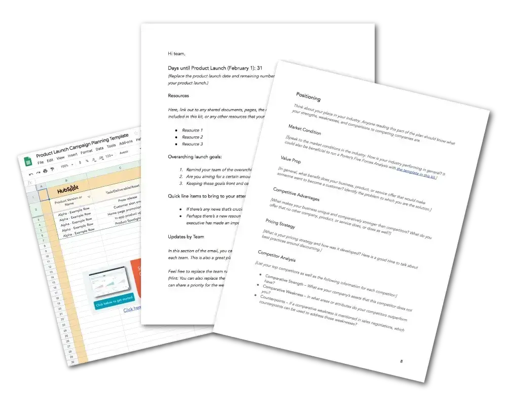a screenshot of some pages of templates from hubspots product launch kit