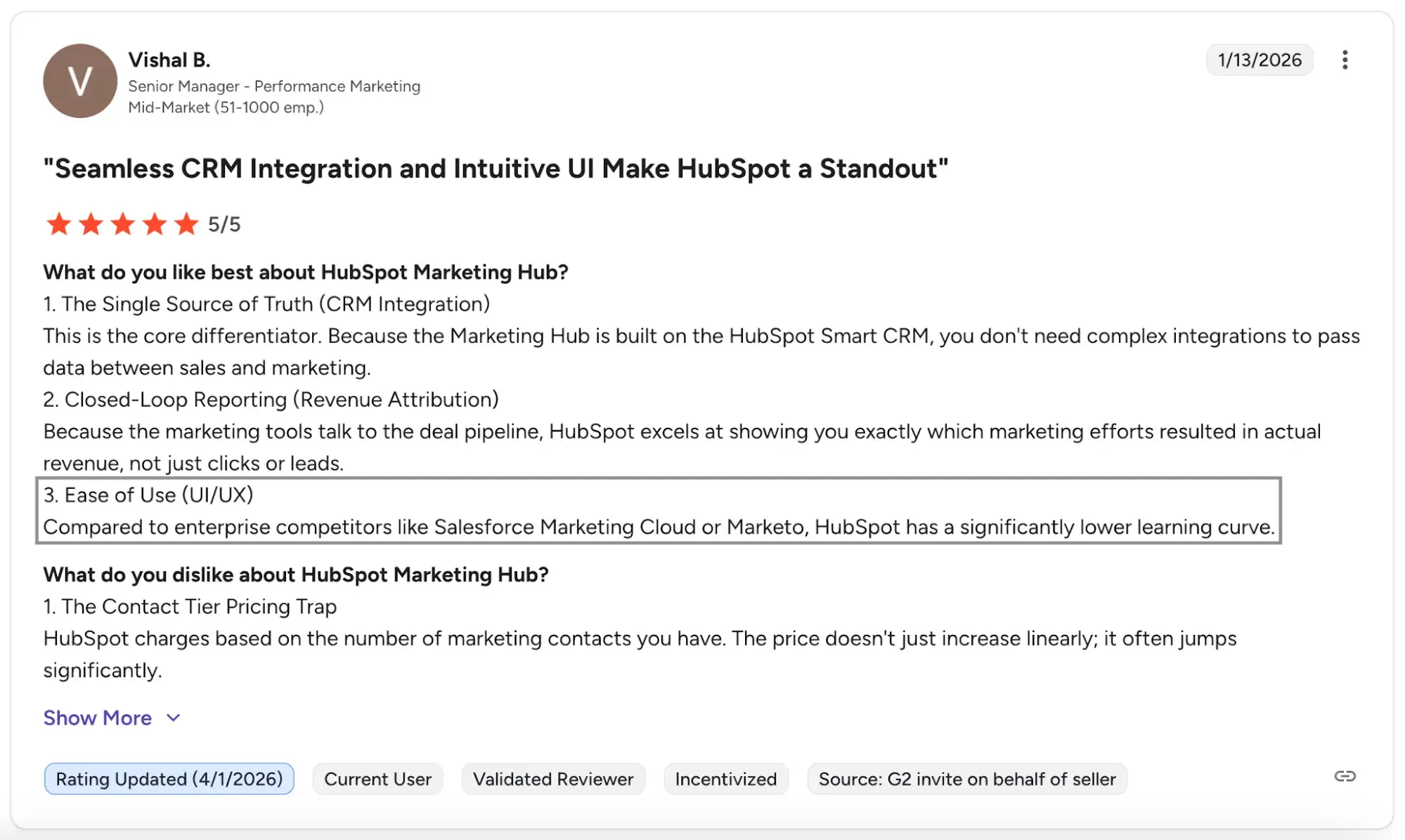 Sales tools for small businesses: G2 reviewer gives HubSpot 5 out of 5 and cites a lower learning curve than enterprise competitors
