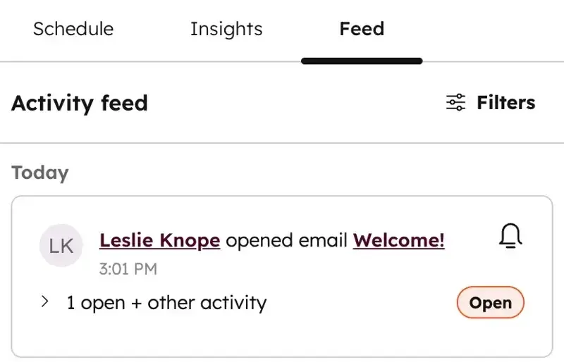 Sales tools for small businesses: HubSpot activity feed showing a real-time notification when a contact opened an email