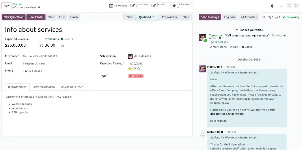 Sales tools for small businesses: Odoo CRM opportunity record showing deal value, pipeline stage, and customer message history