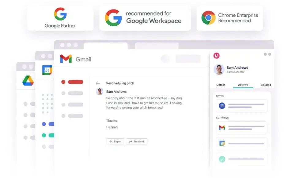 Sales tools for small businesses: Copper CRM contact sidebar inside Gmail showing notes and activity across Gmail, Calendar, and Drive