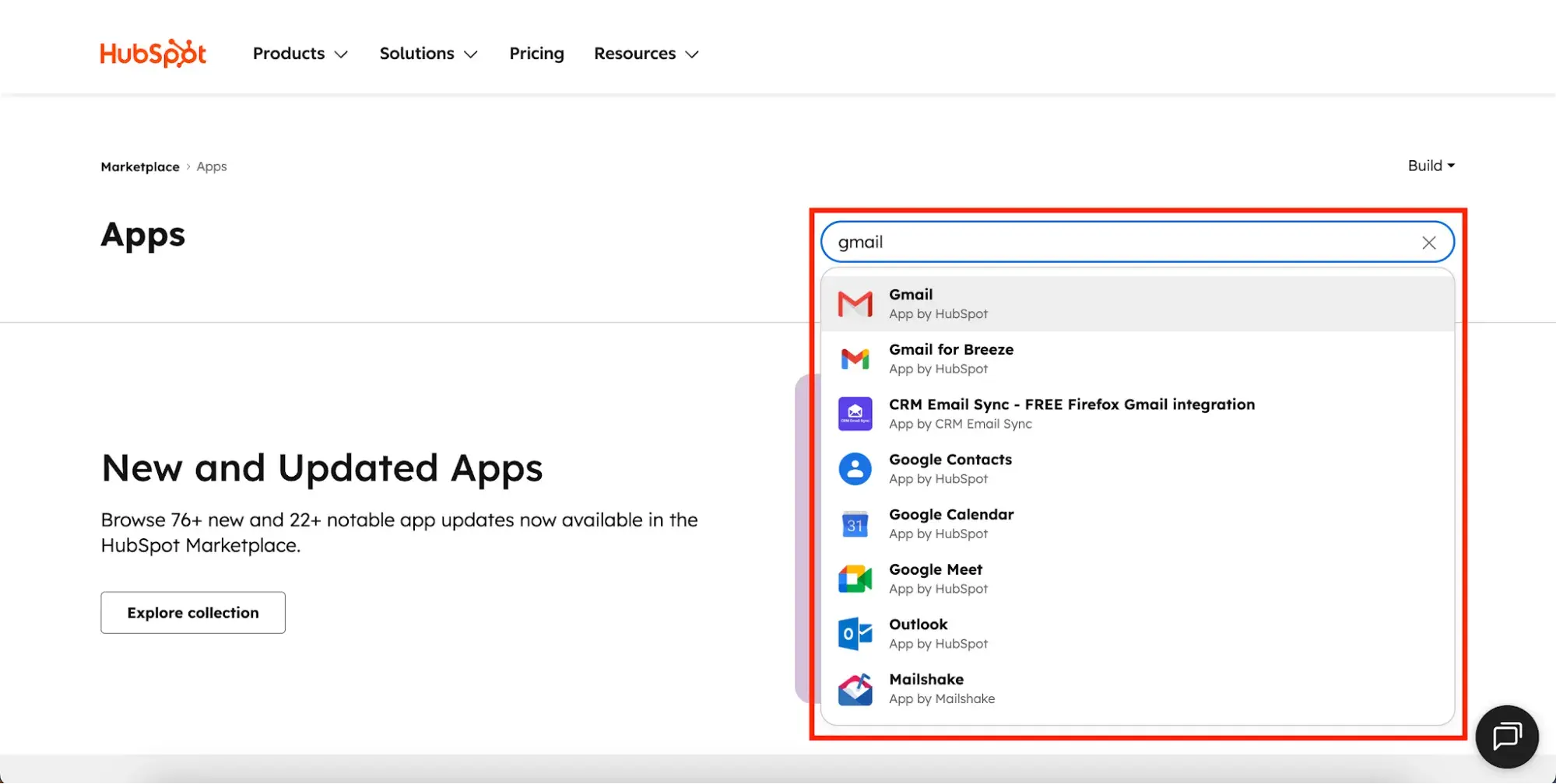Sales tools for small businesses: HubSpot App Marketplace search showing Gmail, Google Contacts, Google Calendar, and Outlook integrations