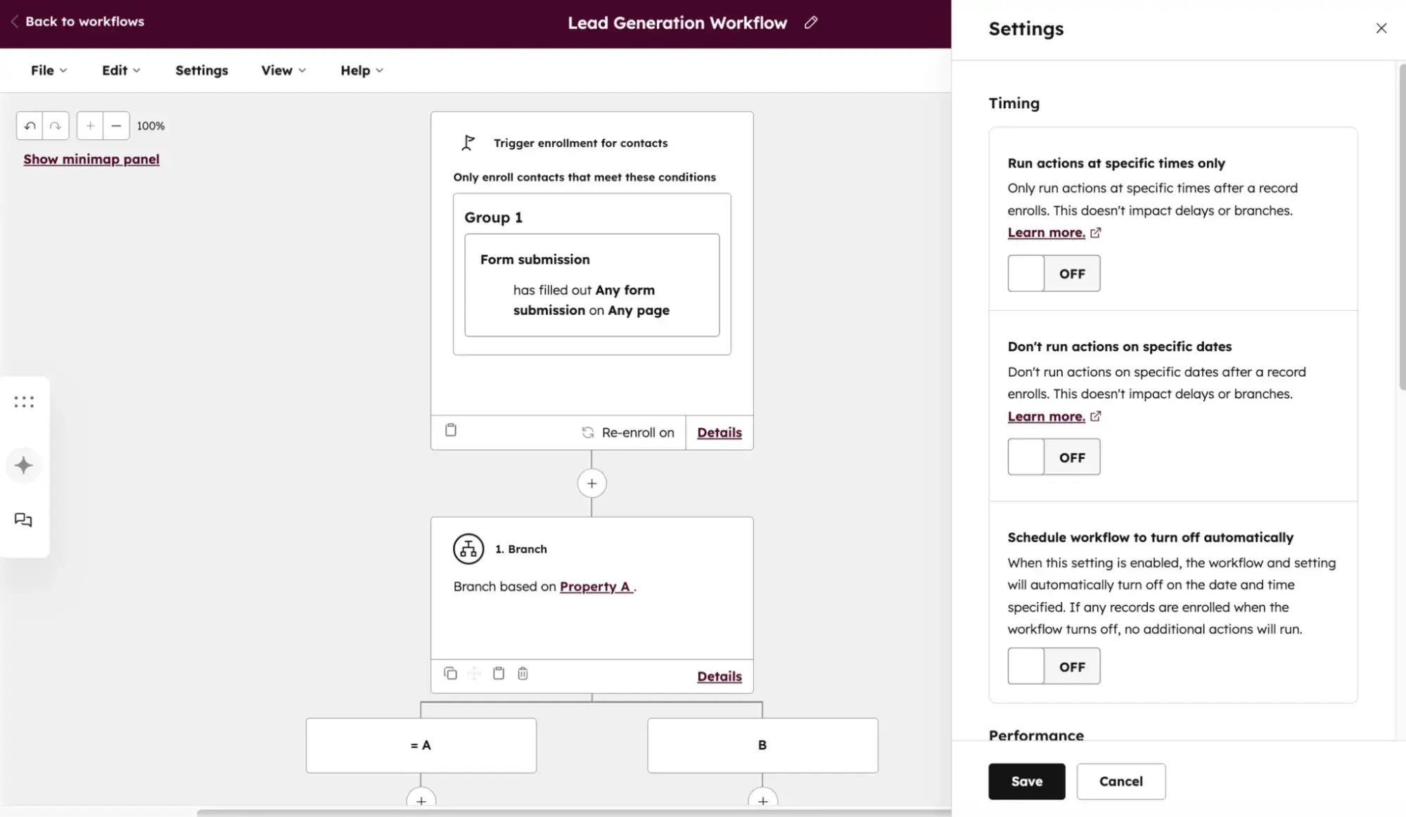 Sales tools for small businesses: HubSpot workflow builder showing form-submission enrollment triggers, branching, and timing settings