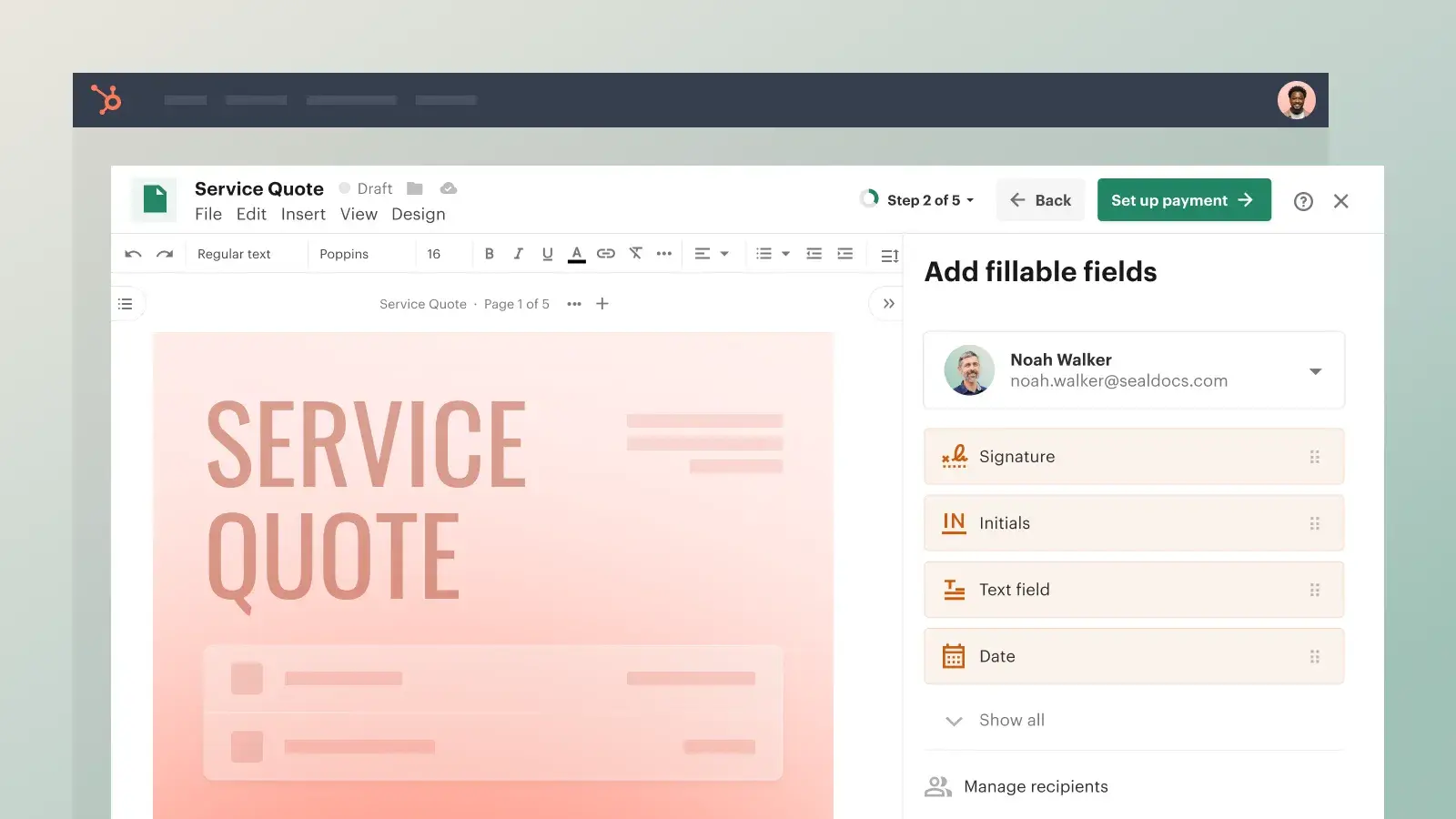 Sales tools for small businesses: PandaDoc quote editor adding signature, initials, text, and date fields to a service quote
