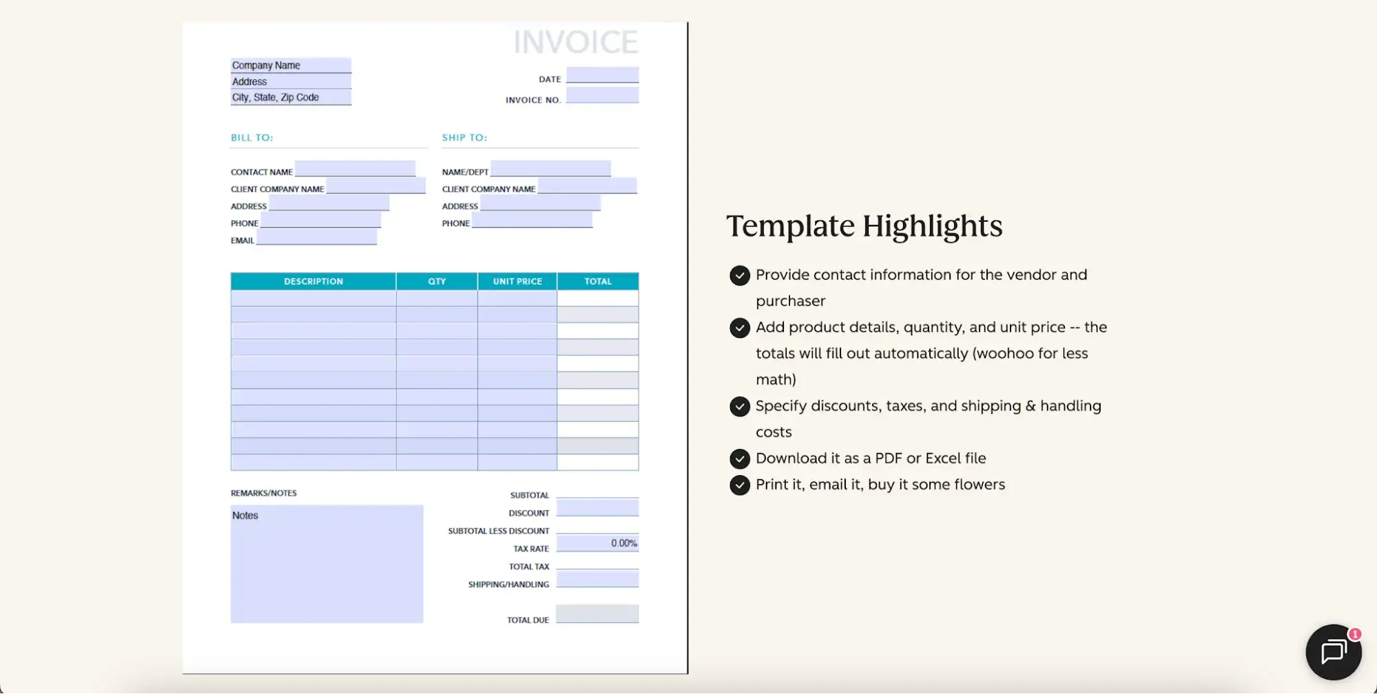 Sales tools for small businesses: HubSpot free invoice template with fields for contact details, line items, discounts, taxes, and totals