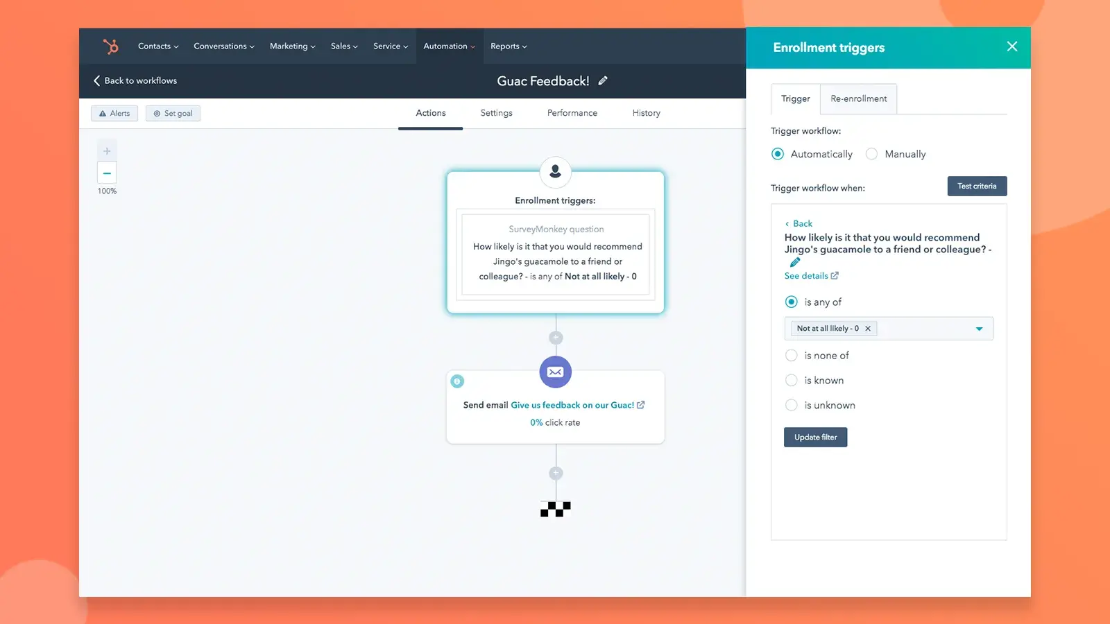 Sales tools for small businesses: HubSpot workflow triggered by a SurveyMonkey response, sending a follow-up email based on the score