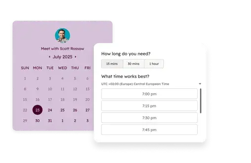 Sales tools for small businesses: HubSpot free meeting scheduler showing available times and meeting length options