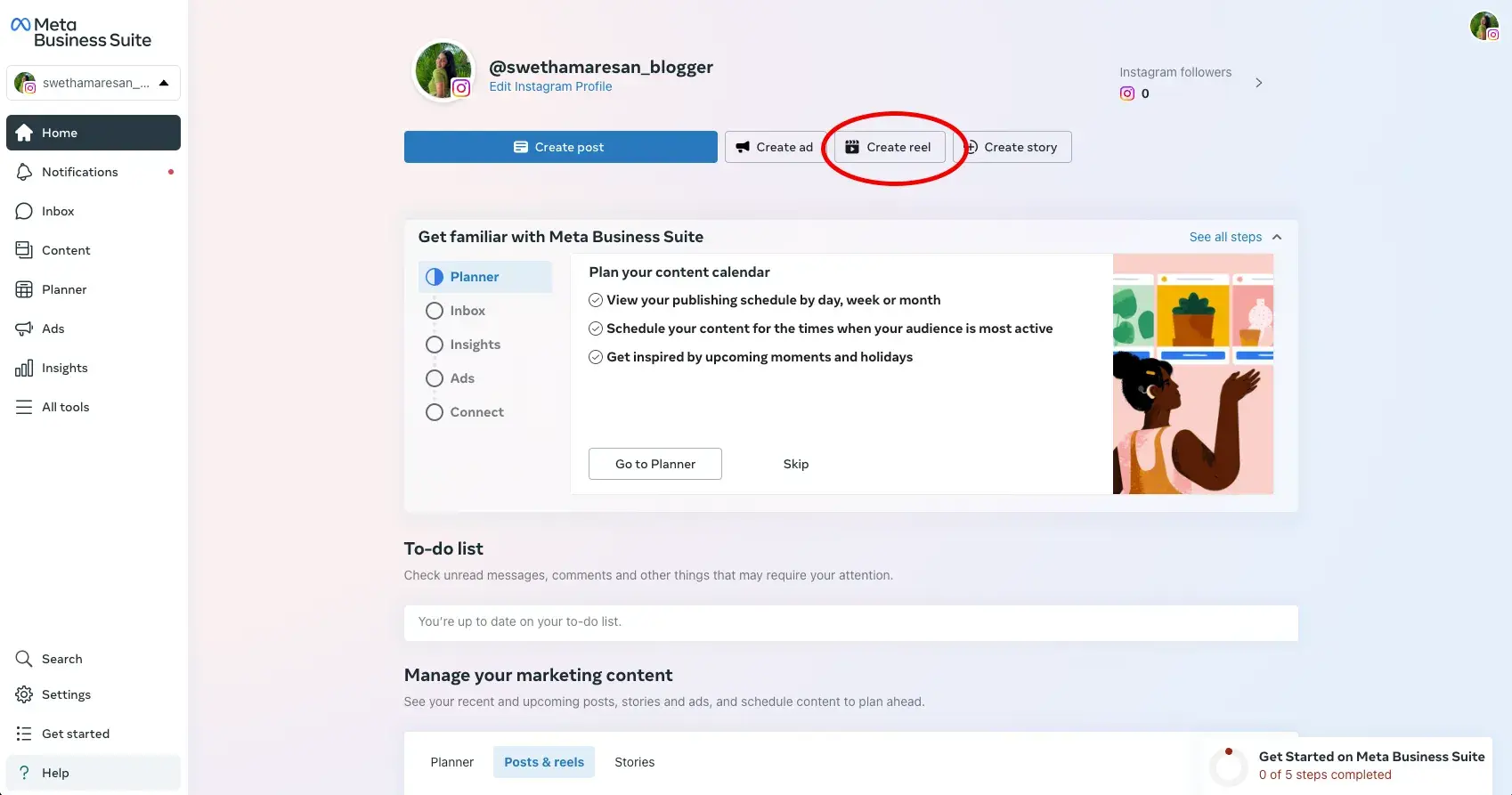 schedule instagram reels: Click Create reel to begin scheduling a reel in Meta Business Suite.