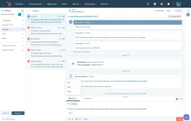 screenshot from hubspot’s conversations inbox and crm shows every message, email, chat, facebook, whatsapp, and web forms submission in one unified workspace.