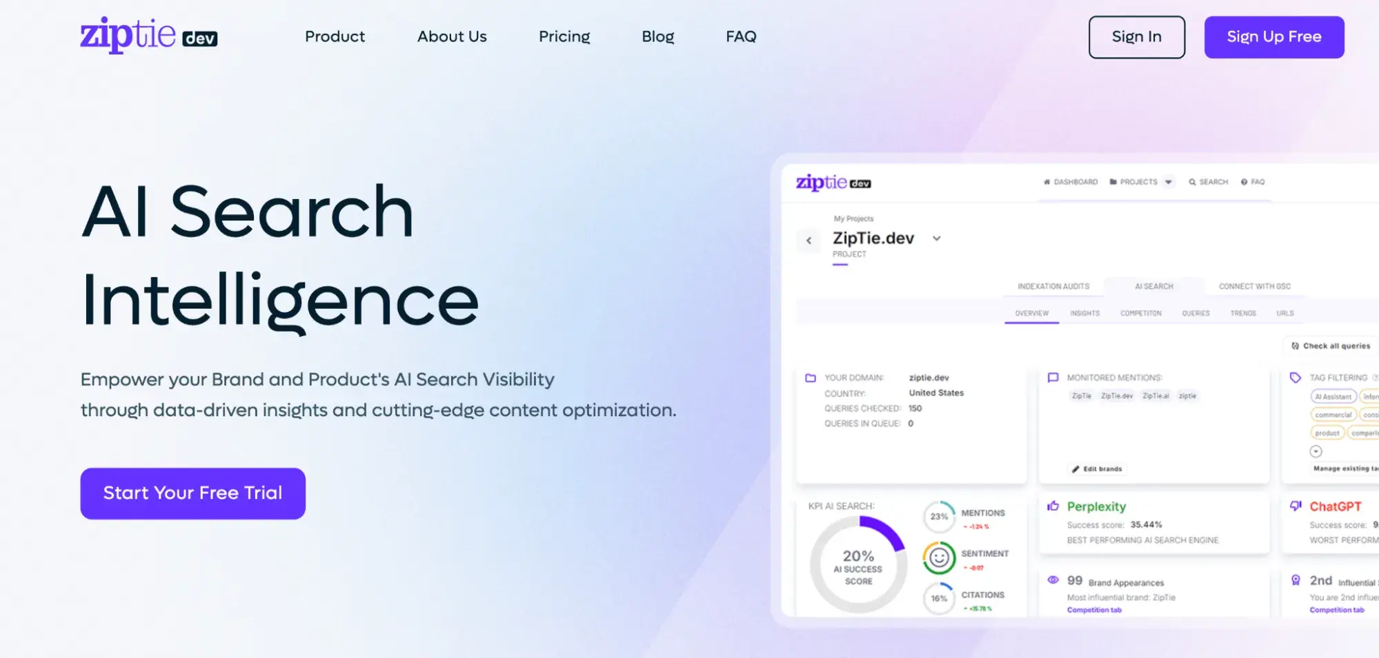ziptie homepage for ai search intelligence with a dashboard preview and free-trial button.