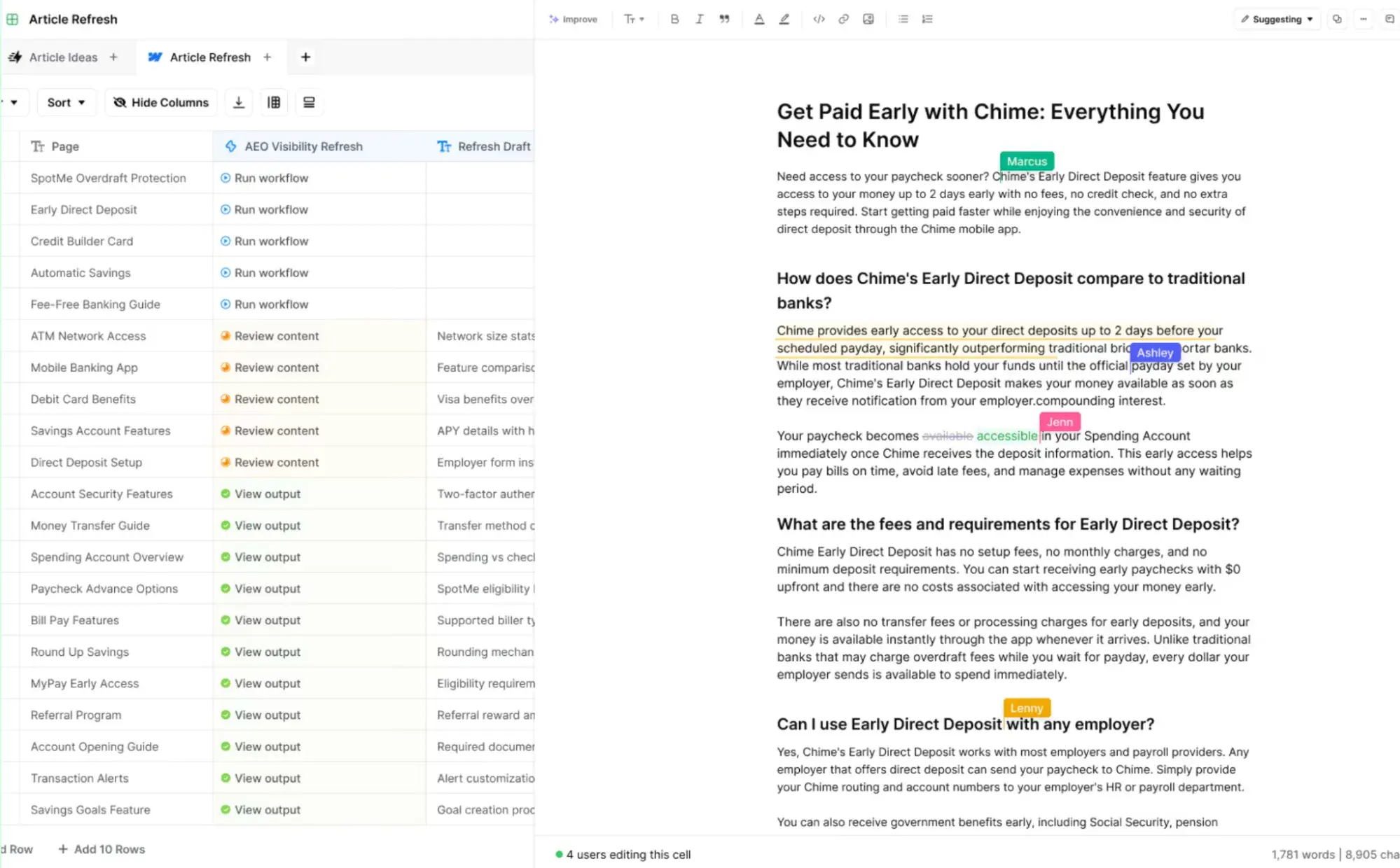 airops article refresh workflow beside a collaborative editor with suggested changes.