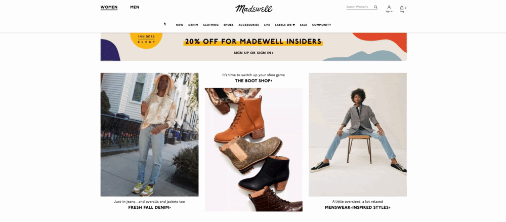 combined primary and secondary navigation menu example: madewell