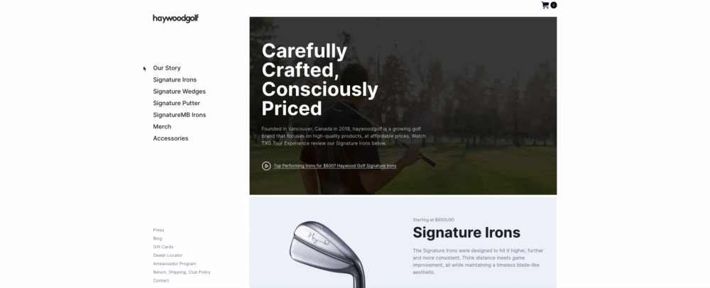 separated primary and secondary navigation menu example: haywood golf