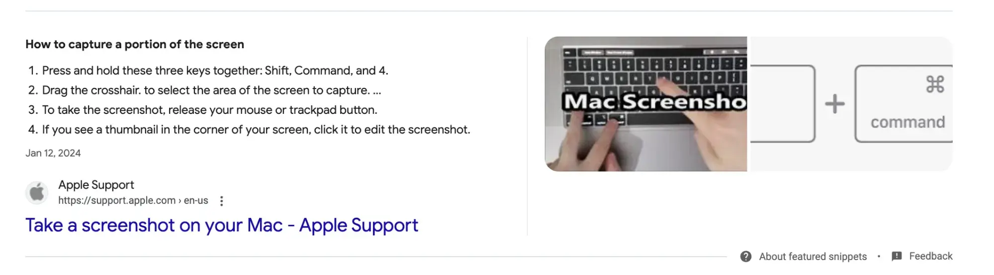 Screencap of the featured snippet on the SERP for how to screenshot on a mac.