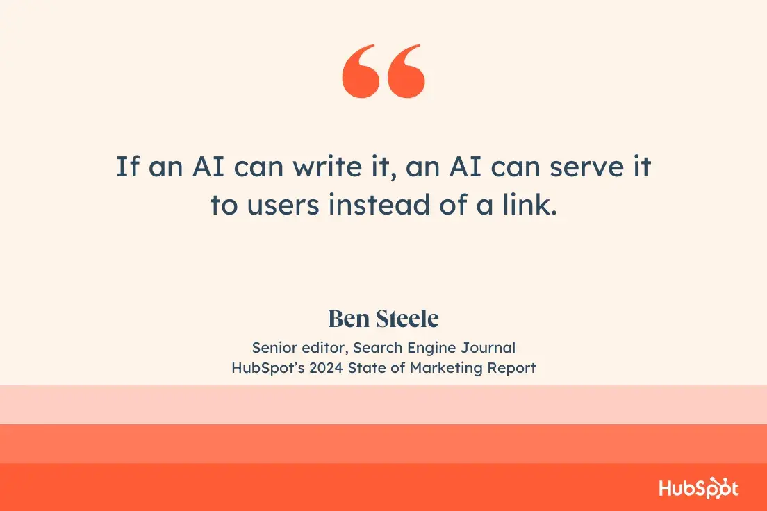 If an AI can write it, an AI can serve it to users instead of a link.Ben Steele, Senior editor, Search Engine Journal, in ̽ѡs 2024 State of Marketing Report.