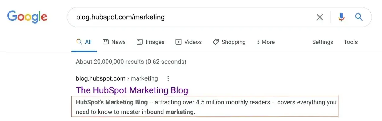 Screencap of a Google search for blog.hubspot.com/marketing, with a description of the blog as the top result. 