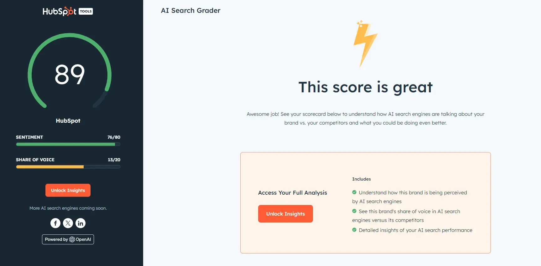 screenshot of hubspots search grader tool that shows startups their prominence in ai-search engines.