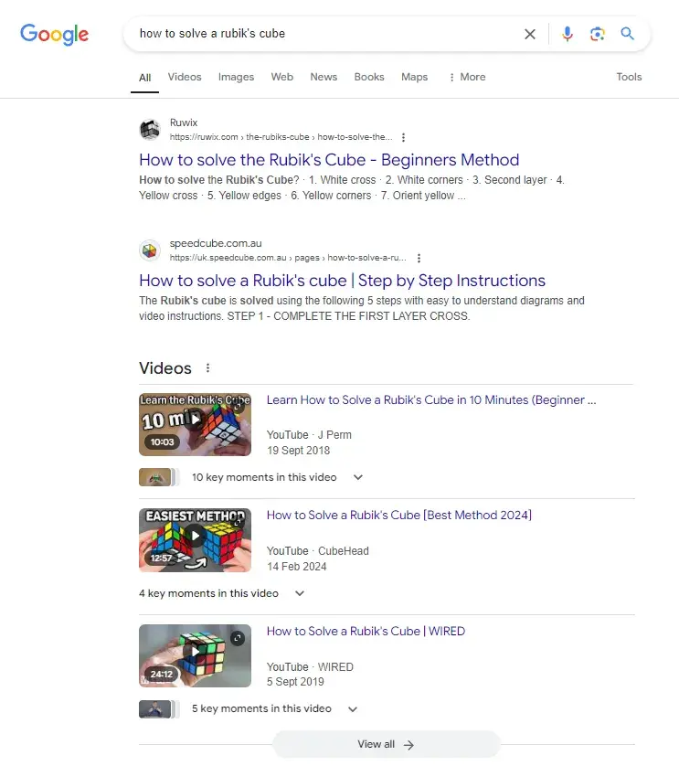 screenshot of google search demonstrates how startups implementing an seo strategy should check search intent for the types of content they should create. in the video, its clear google prioritizes video.