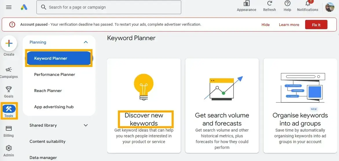 seo keyword research, an annotated screenshot shows the workflow for discovering new keywords using the google keyword planner tool.