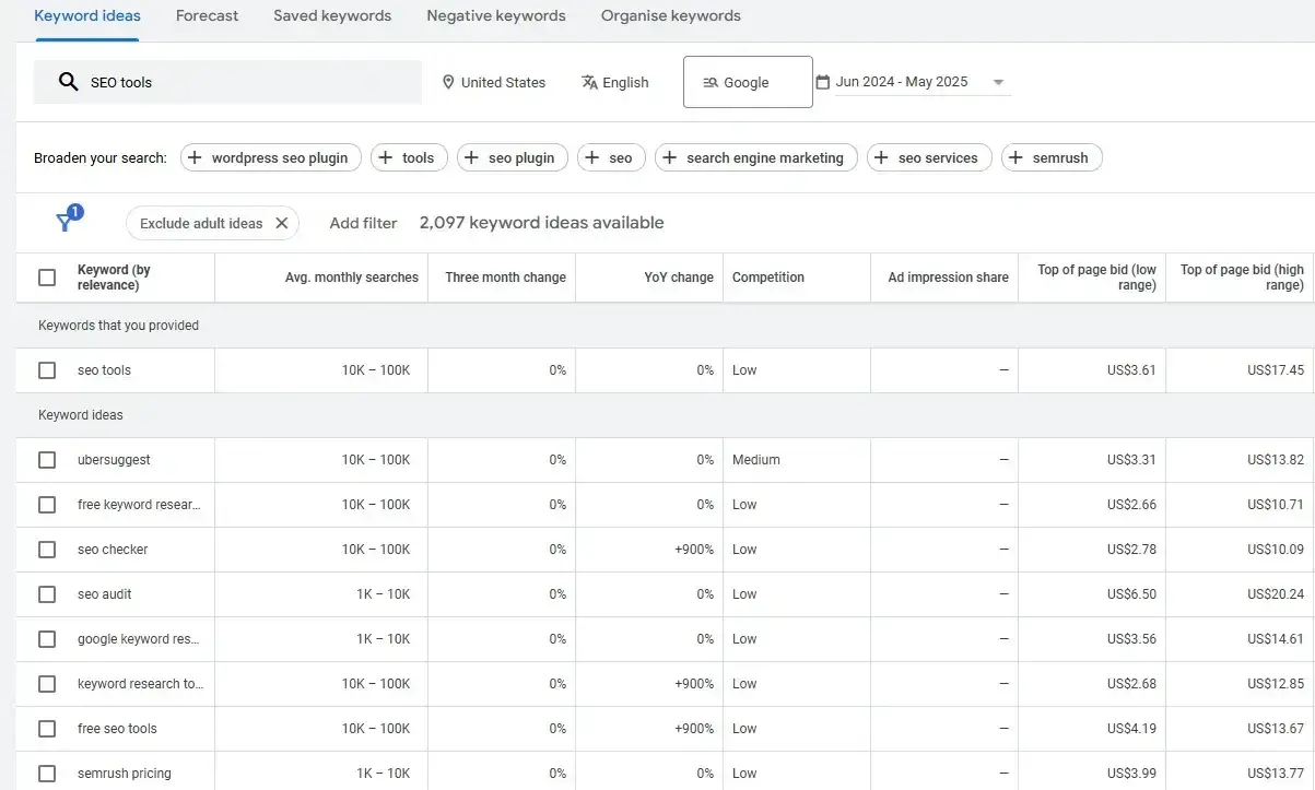 seo keyword research, screenshot shows how to do keyword research using the free tool, keyword planner.