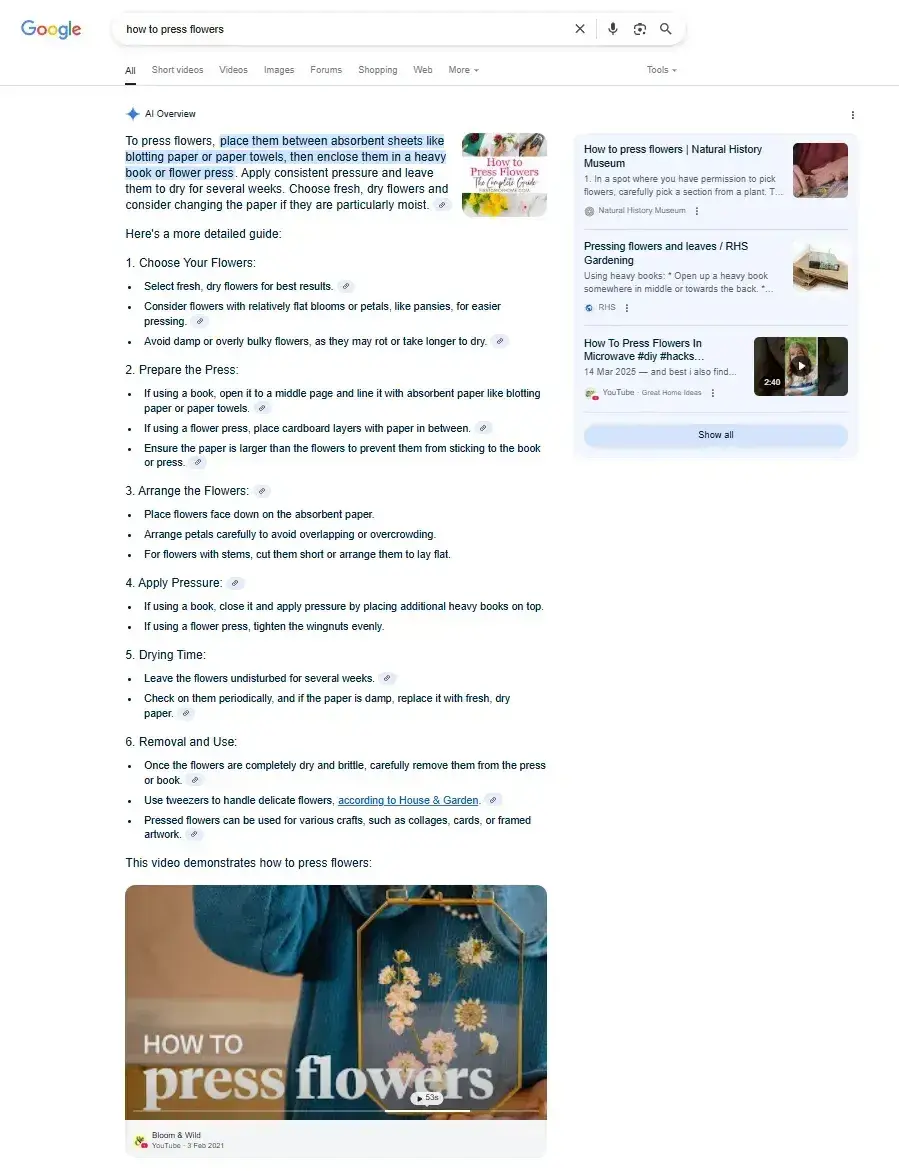 screenshot from google search shows how the researched keyword, “how to press flowers,” is fulfilled within ai overviews.