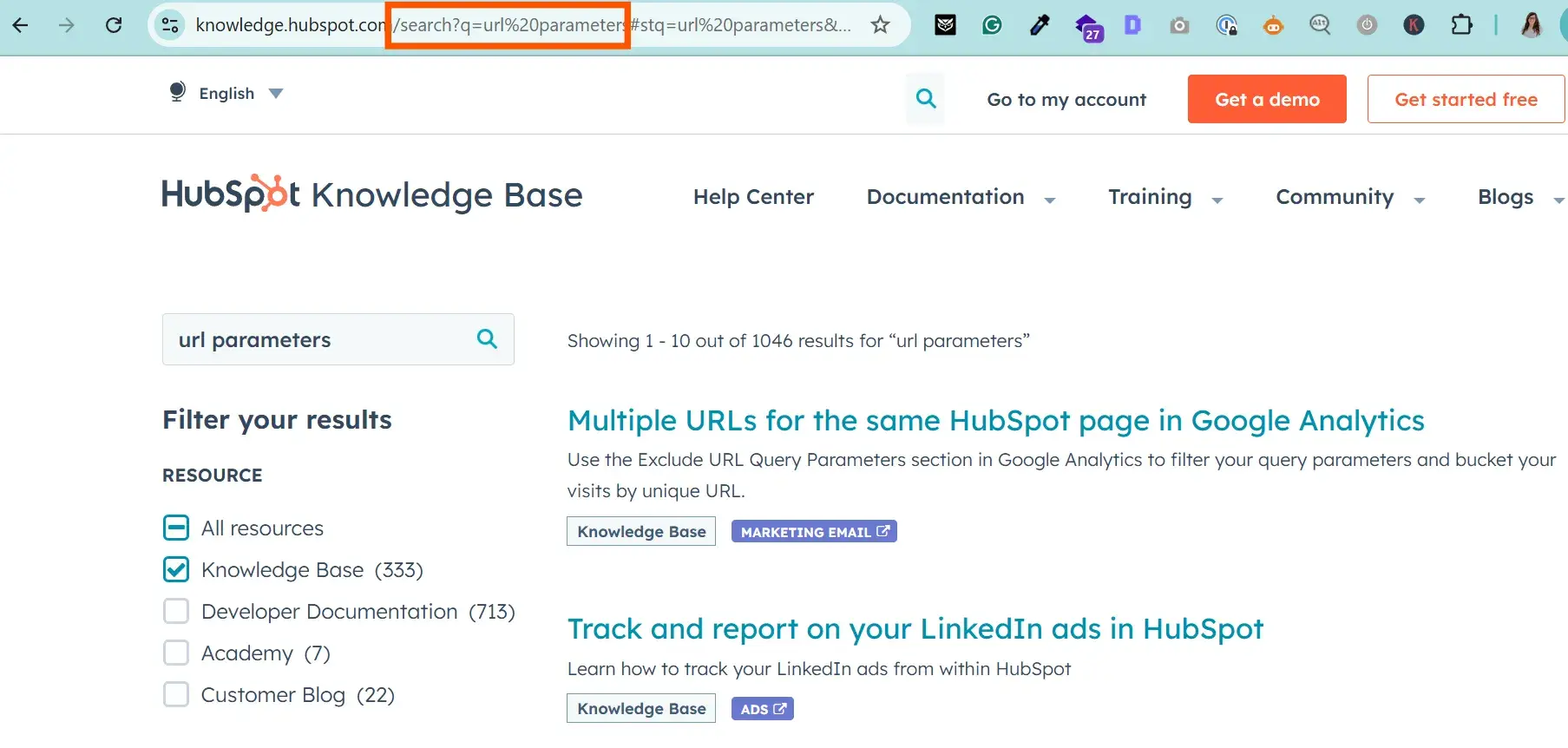 screenshot from hubspots seo knowledge base shows what the url parameter looks like.